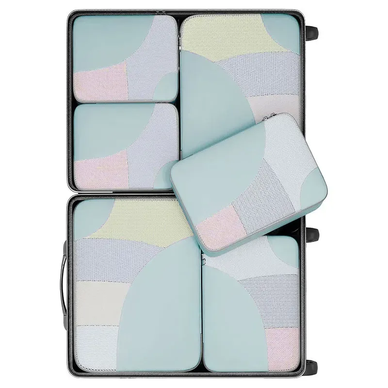 organisateur voyage polyester gris beige motif géométrique cube sac compression chaussures pochette housse vêtements tailles différentes transport pratique