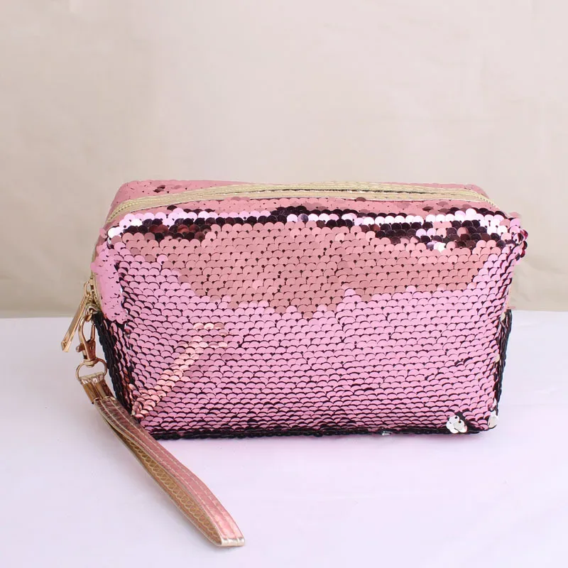 sac cosmétique portable à paillettes brillantes pour femmes et filles, trousse de maquillage à fermeture éclair, sac de rangement de voyage, support d'évaluation, poudres lavantes de beauté, mode