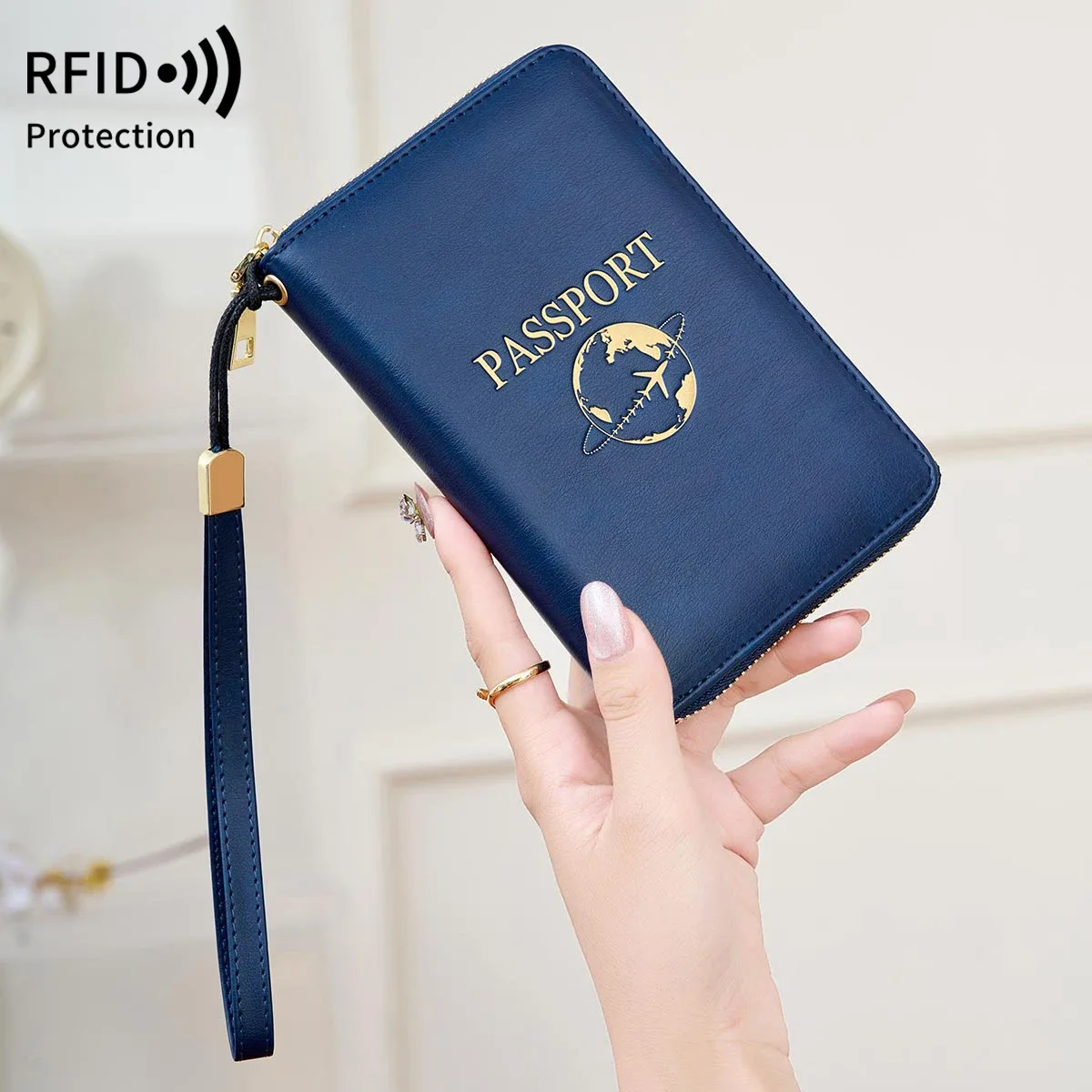 Porte-passeport bloquant RFID, portefeuille de voyage, passeport, sac pour cartes de crédit, portefeuille multifonctionnel à fermeture éclair avec dragonne, à la mode