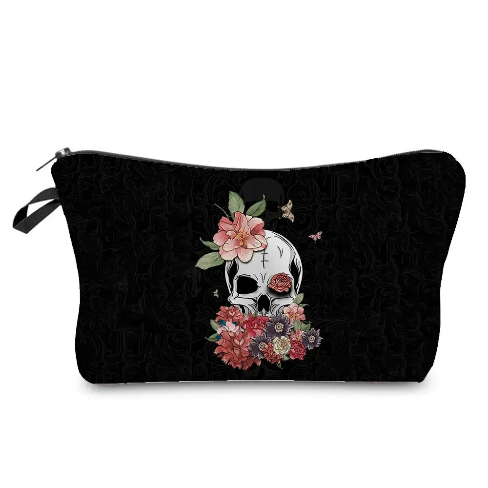 sacs à cosmétiques imprimés de crâne pour femmes, pochette de maquillage de personnalité, sac de rangement de voyage portable, étuis de rangement de rouge à lèvres, sac de maquillage à fermeture éclair