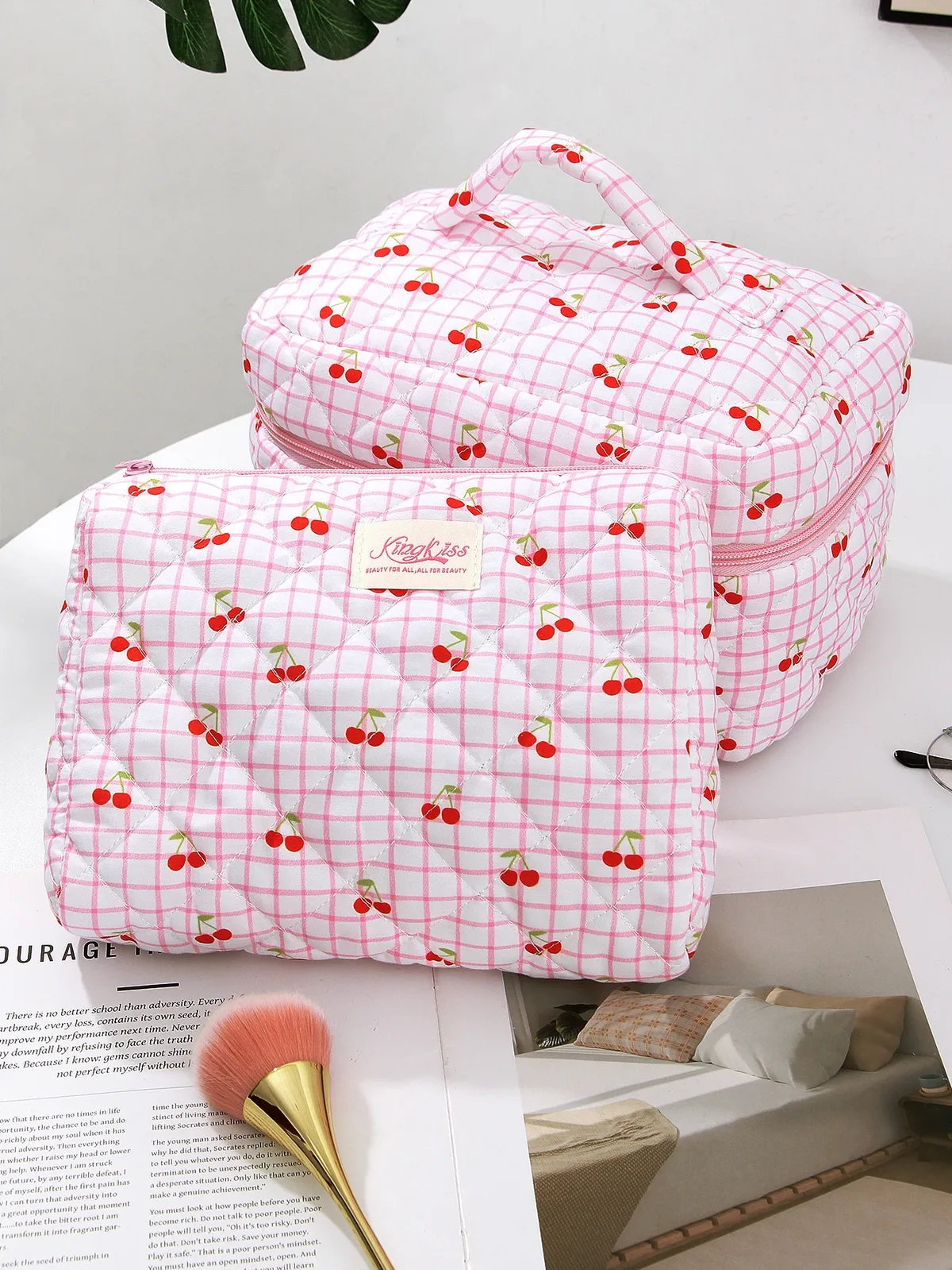 grand sac de maquillage matelassé cerise rose 1 pièce/ensemble, trousse de maquillage mignonne, trousse de maquillage de voyage, trousse de rangement de maquillage pour femmes et filles