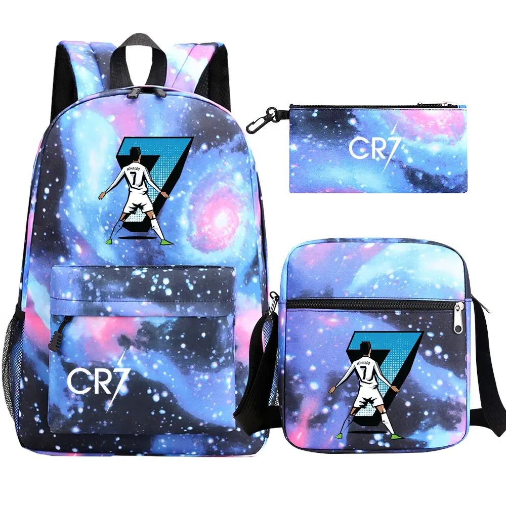 football star cr7 3 pièces garçon fille retour à l'école livre sacs, étudiant sac à bandoulière porte-crayon sac à dos, adolescents mochila hommes femmes