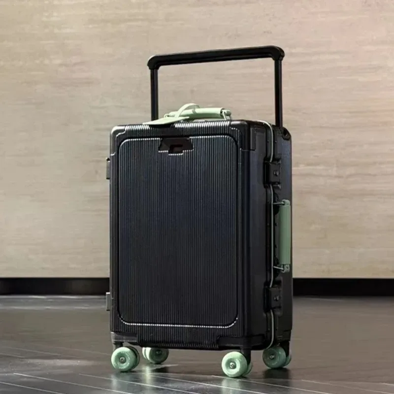 valise à roulettes de poche à ouverture avant, cadre en aluminium, valise à roulettes à poignée large avec roues silencieuses colorées et prise de chargement usb