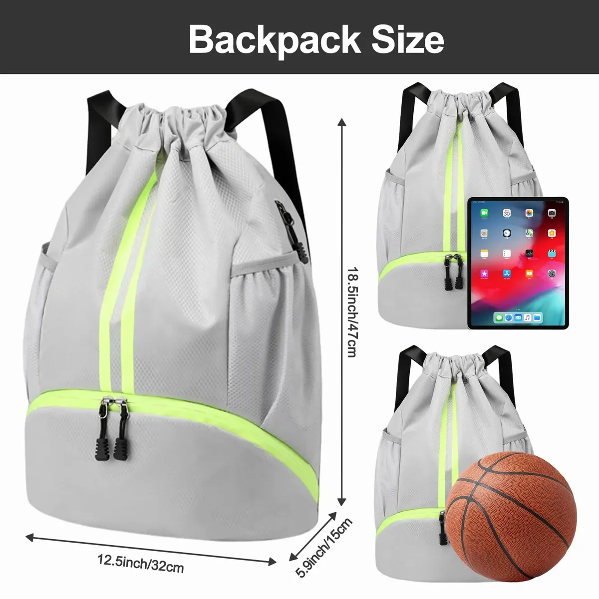 sac de sport à cordon avec compartiment à chaussures, grand sac de gym pour le basketball et la natation, avec séparation sec/humide