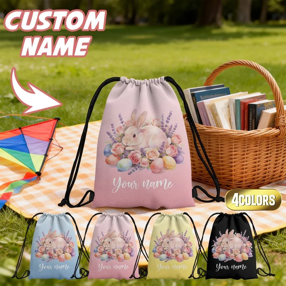 sac à dos à cordon personnalisé avec motif floral aquarelle et lapin de pâques, sac à œufs personnalisé, cadeau de pâques pour enfants