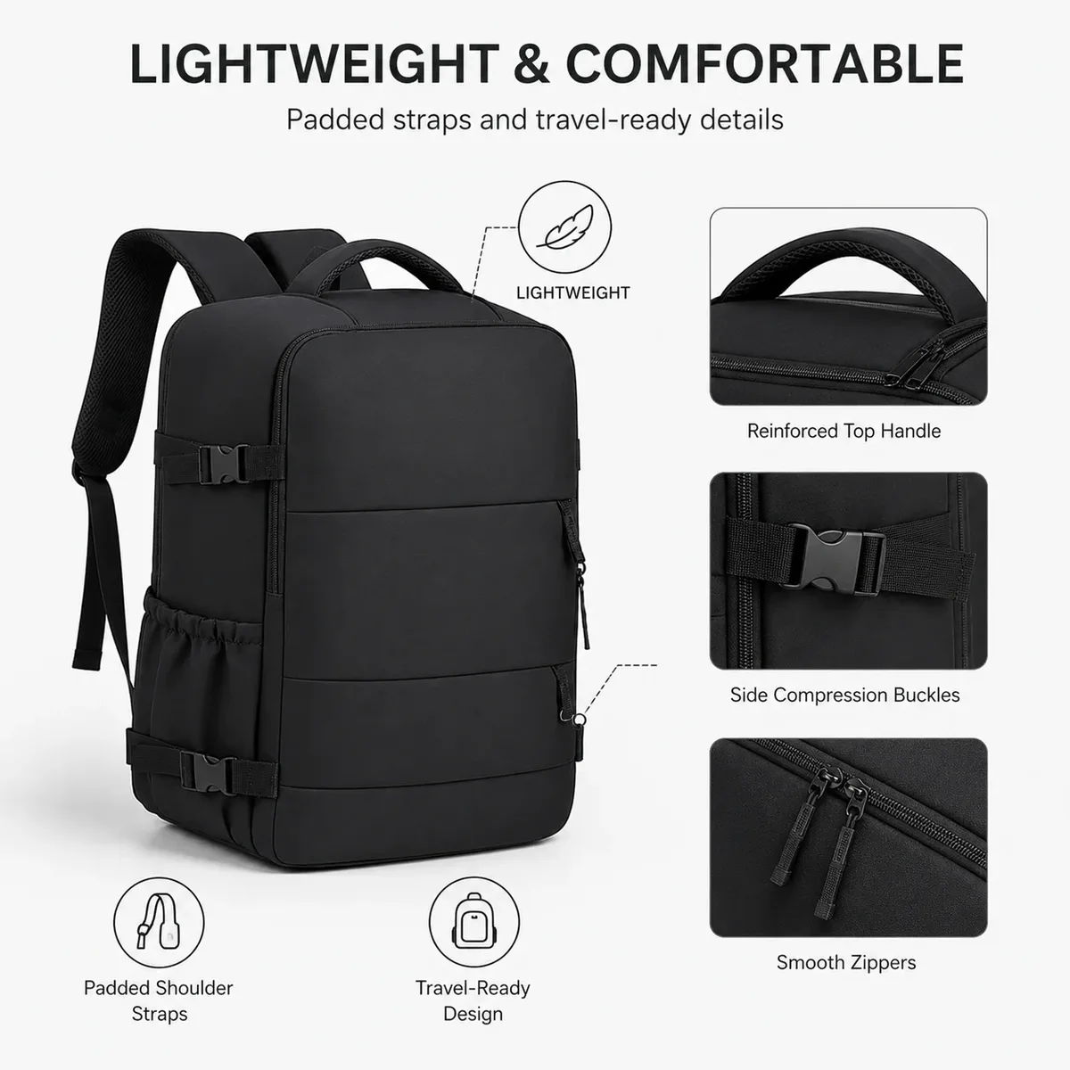sac à dos de voyage grande capacité pour hommes et femmes, sac pour ordinateur portable 14 pouces, ouverture à 180 degrés, sac à dos cabine avec sangle pour bagage