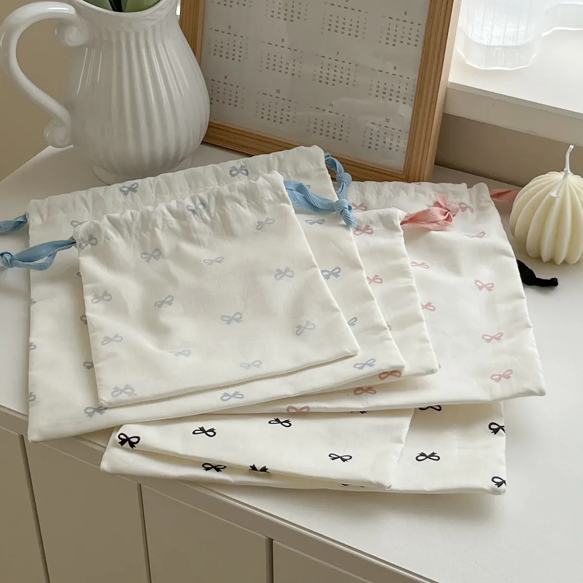 sac de rangement en toile avec nœud imprimé pour femme, sacs à main mignons pour filles d'université, sacs à cordon de proximité, étui de maquillage de voyage portable simple pour femme