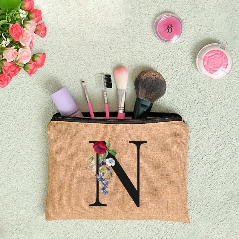 pochette en lin à fermeture éclair pour femmes, imprimé de lettres florales, étui de rangement de voyage, sac à cosmétiques, trousse de maquillage, sacs de maquillage de demoiselle d'honneur