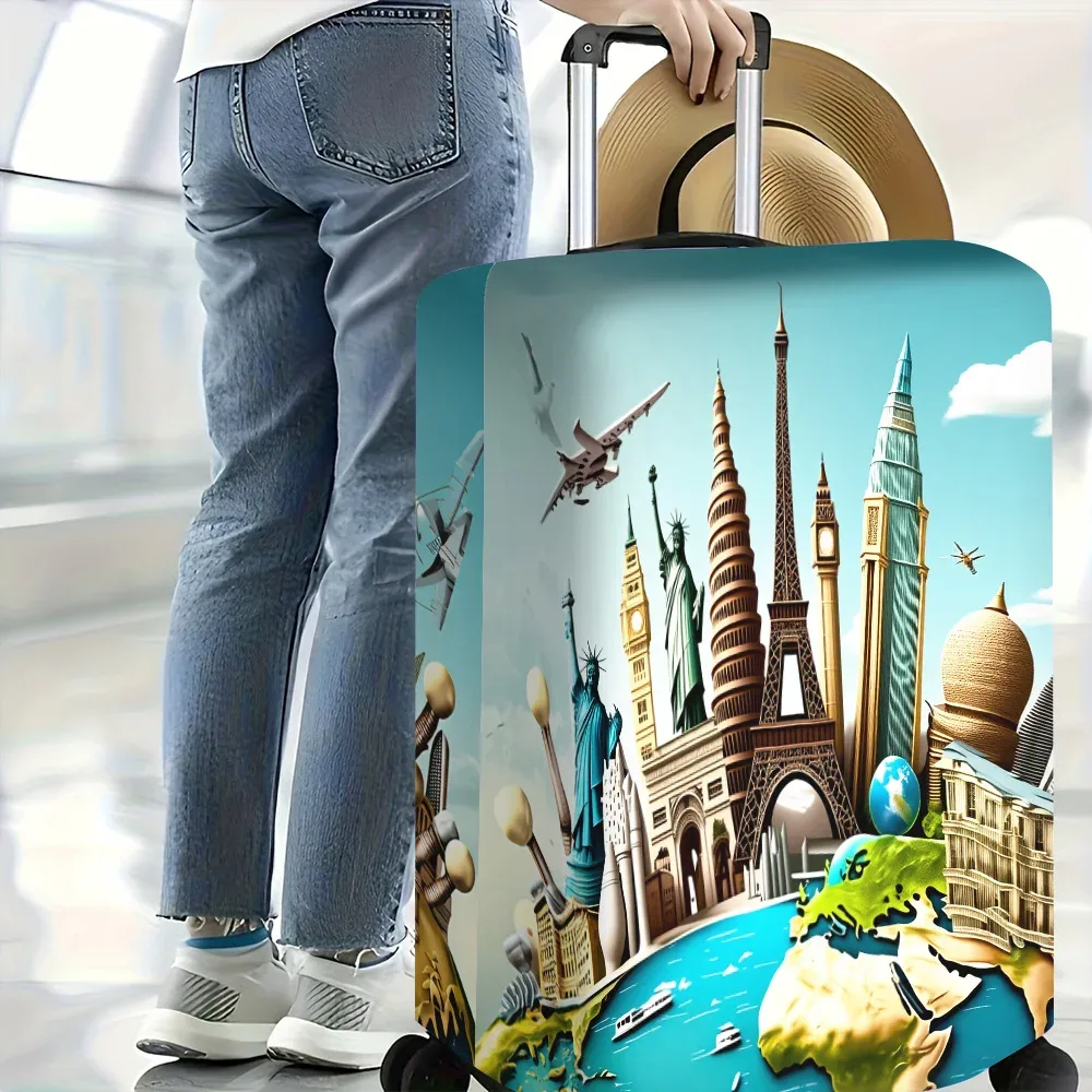 housse valise polyester monde monuments tour eiffel statue liberté big ben petronas twin towers bleu doré vert gris protection voyage