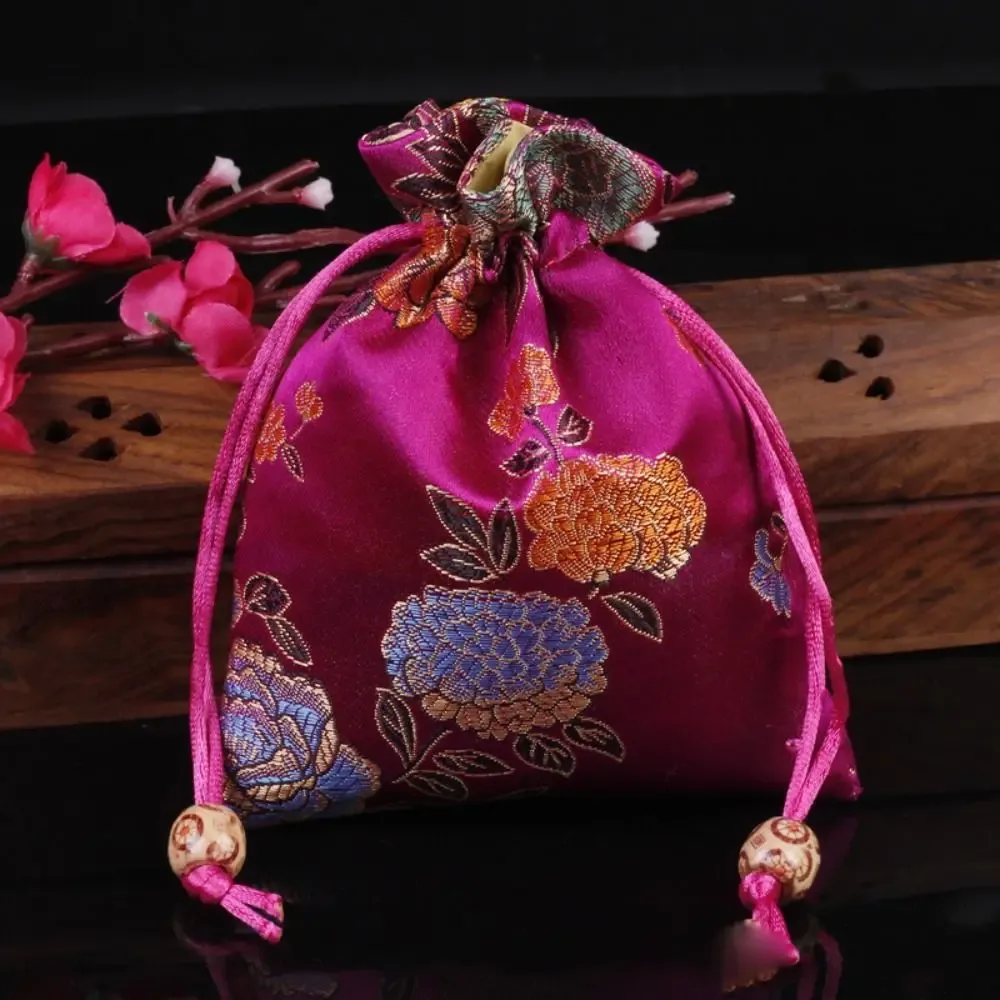 sac à cordon brodé floral, porte-monnaie, sac à bonbons, sac d'emballage pour bijoux, sac à sucre festif de grande capacité de style chinois
