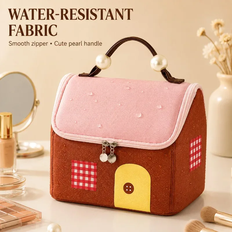 grande trousse de maquillage à grande capacité, design mignon en forme de maison, organisateur de maquillage portable avec séparateurs amovibles, étui de voyage résistant à l'eau.
