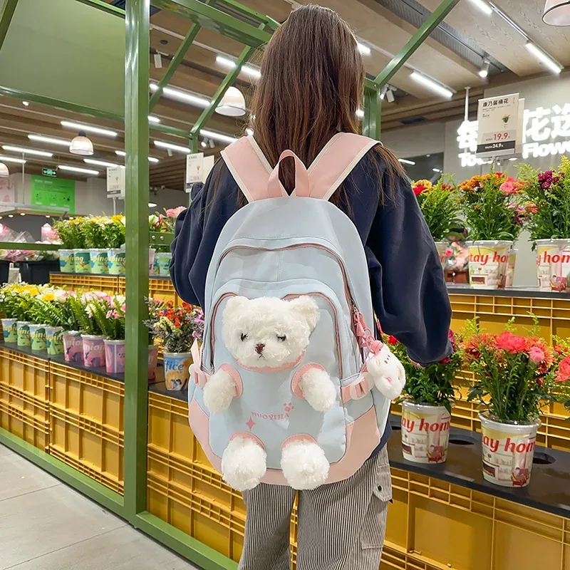 sac à dos scolaire grande capacité pour adolescentes, motif ours en peluche mignon et kawaii, idéal pour les collégiennes