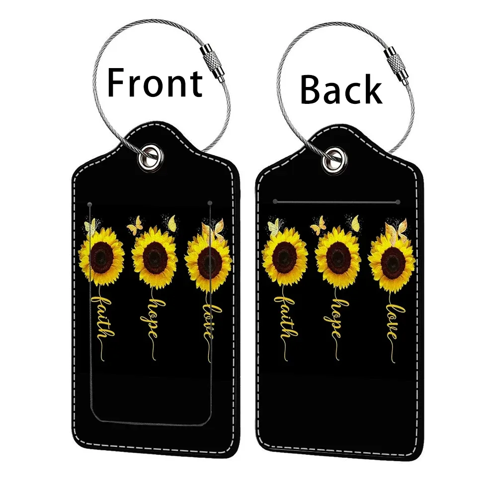 étiquette bagage polyuréthane motif tournesols bleu nuit jaune voyage identification personnelle plaques adresses double cartes bancaires