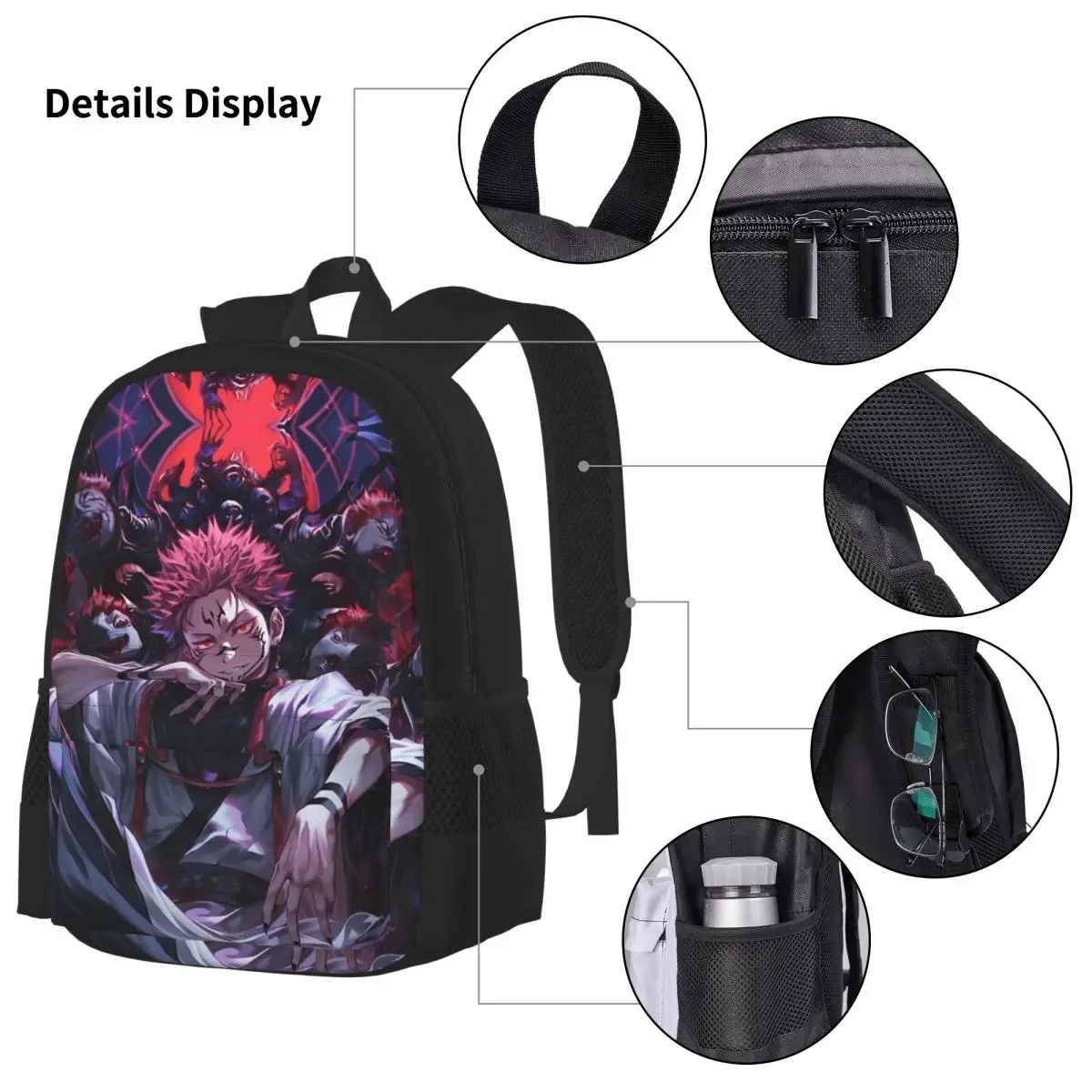 sac dos polyester noir motif animé format grand volume usage étudiant lycéen informatique bandes latérales pochette stylos sac main assorti