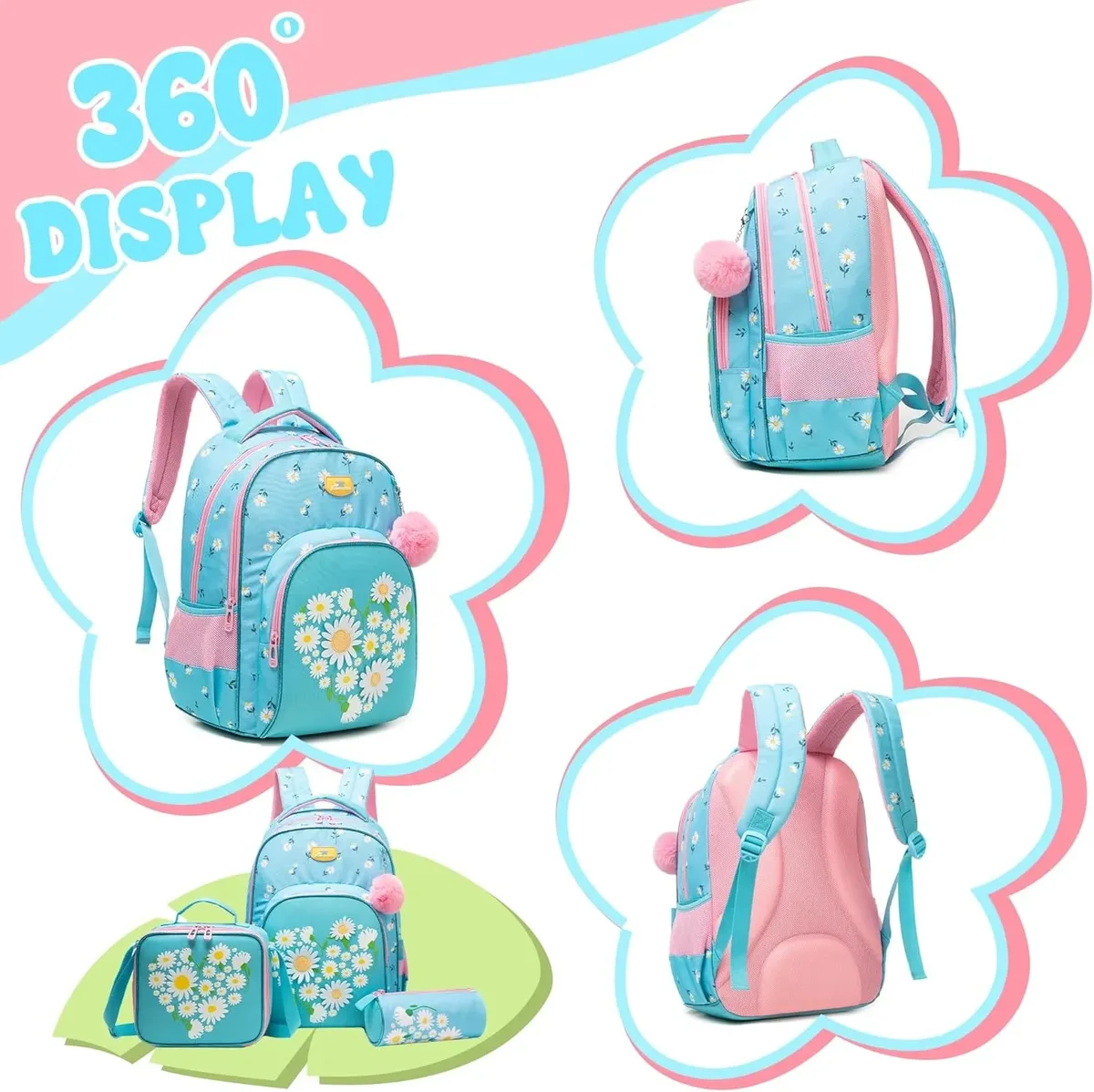 3 pièces sac à dos pour enfants fleur filles bookbag ensemble avec boîte à déjeuner primaire collège sac à dos pour voyage retour à l'école approvisionnement