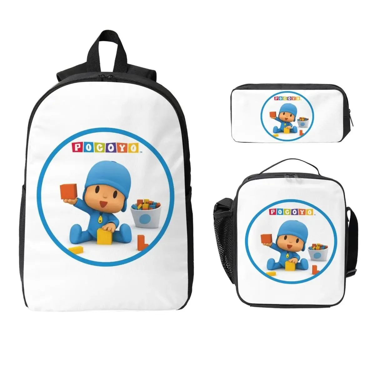 sac à dos bleu pocoyo pour enfants, sac à livres pour étudiants, sac d'école, sacs à bandoulière pour ordinateur, 3 pièces, sac à déjeuner isotherme, trousse à crayons