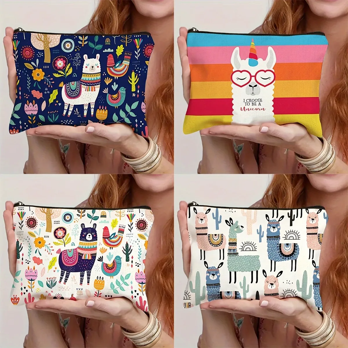 trousse de maquillage à imprimé animal fantaisiste, 1 pièce, organisateur de cosmétiques de voyage de grande capacité avec fermeture à glissière, lama et designs mignons