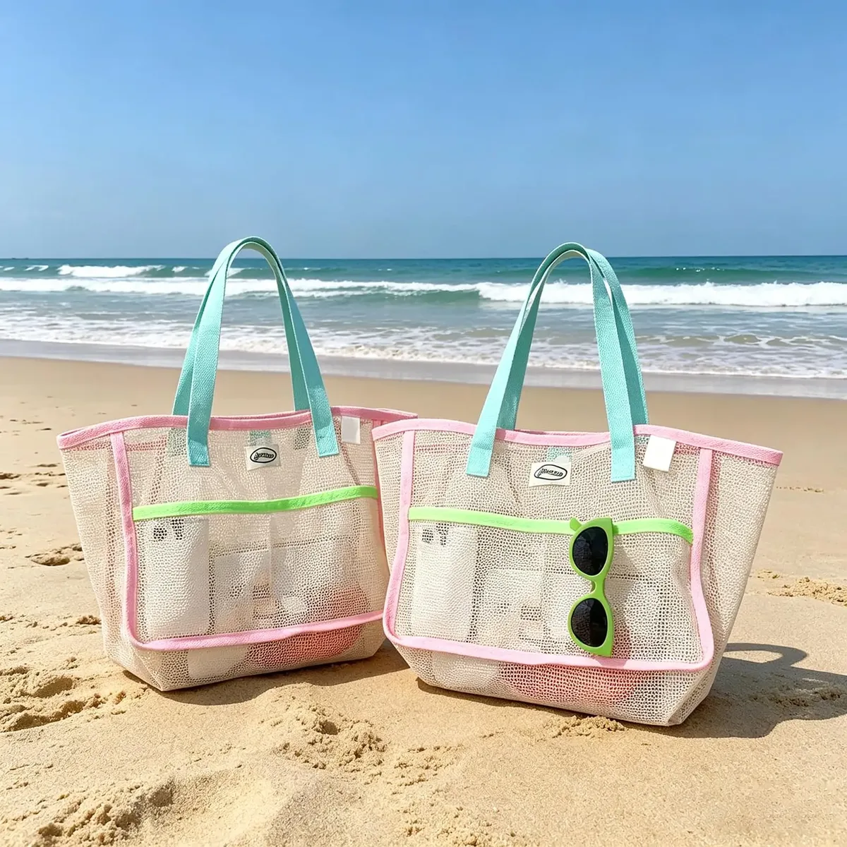 sacs de plage pour femmes, sacs de plage pliables colorés en filet, sac de voyage pour la piscine, poche de rangement pour accessoires de plage