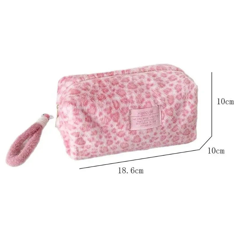 sac de voyage portable en peluche mignon, rose, imprimé léopard, pour écolière, grande trousse de maquillage, sac fourre-tout cosmétique pour femmes