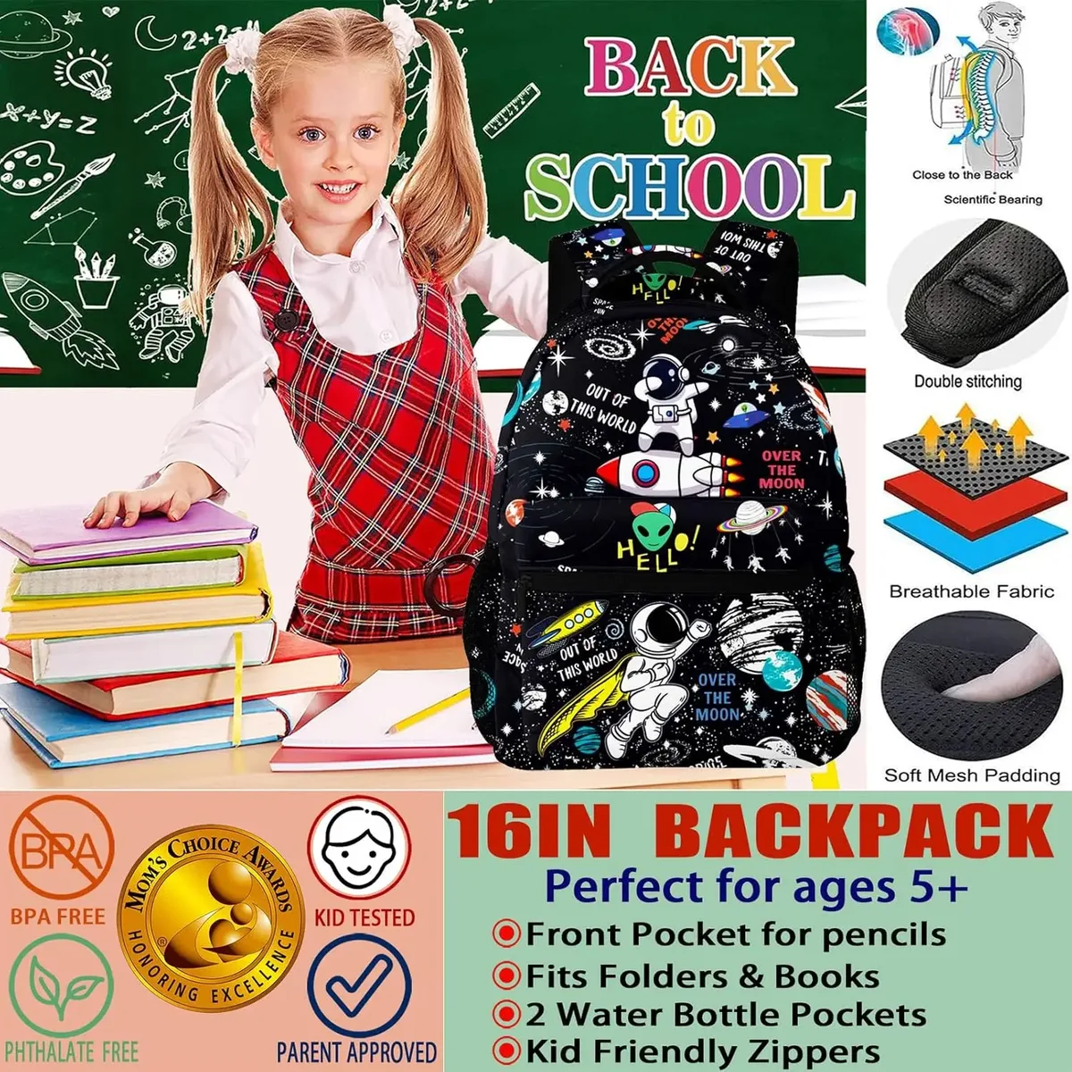sac à dos d'école fusée d'astronaute spatial pour garçons, enfants filles, sangle réglable, sac à livres d'école de 16 pouces, sac de jour d'extérieur, cadeaux