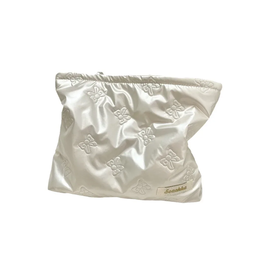 trousse de maquillage en pu matelassé de style coréen, pochette cosmétique brillante en forme de cœur avec nœud, rangement esthétique y2k pour femmes et filles