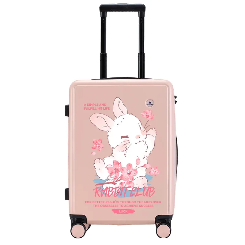 valise plastique abs beige noir gris lapins fleurs roses voyage école enfants toupie roulettes poignées