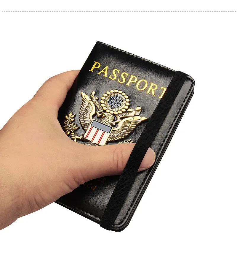 porte-passeport anti-rfid en cuir avec emblème métallique aigle américain, portefeuille de voyage, étui de protection pour documents pour hommes et femmes