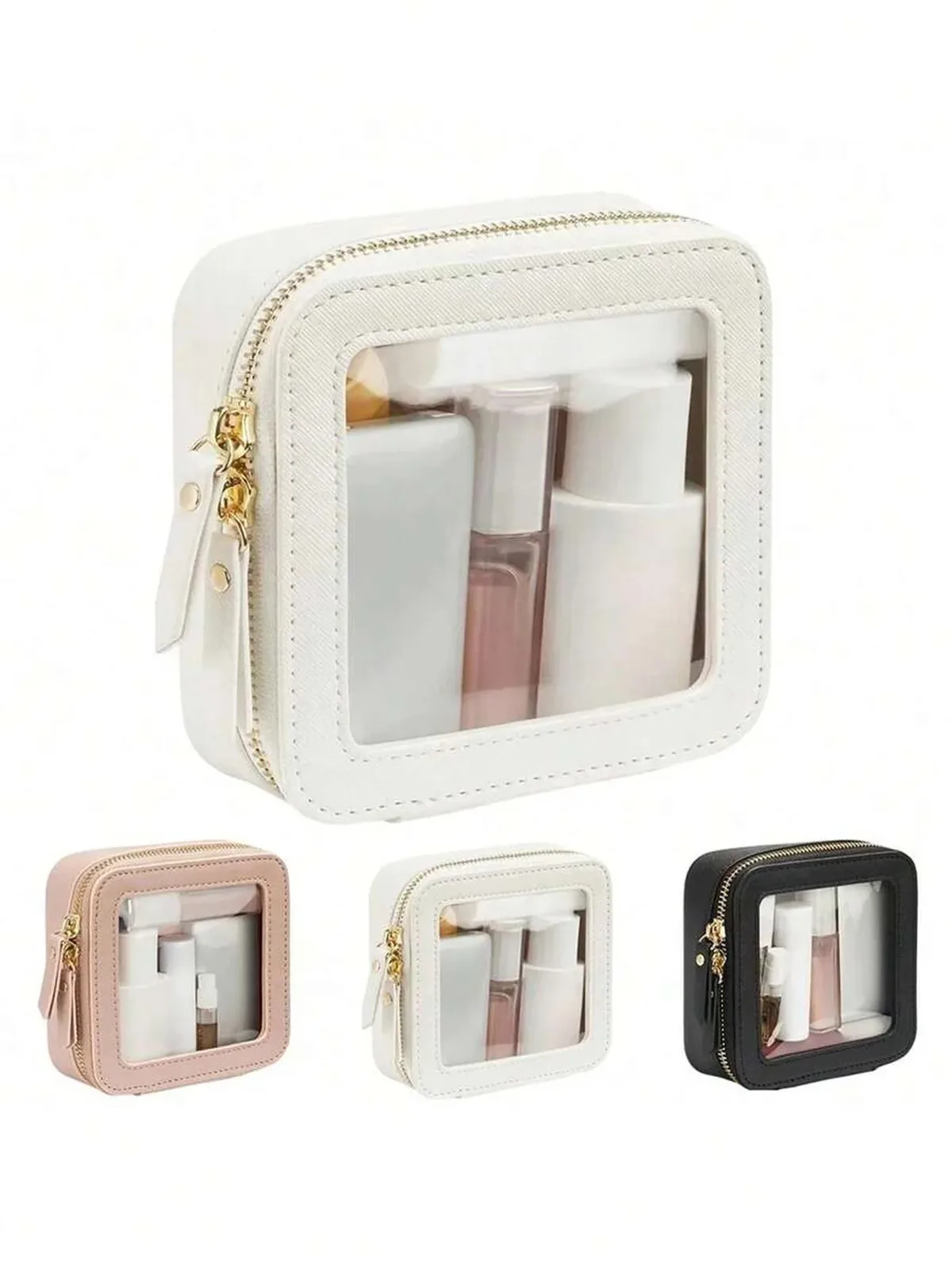 mini trousse de maquillage transparente en similicuir vegan saffiano avec fenêtre visible, petite et mignonne, pour ranger rouges à lèvres et cosmétiques, idéale pour sac à main ou pochette.