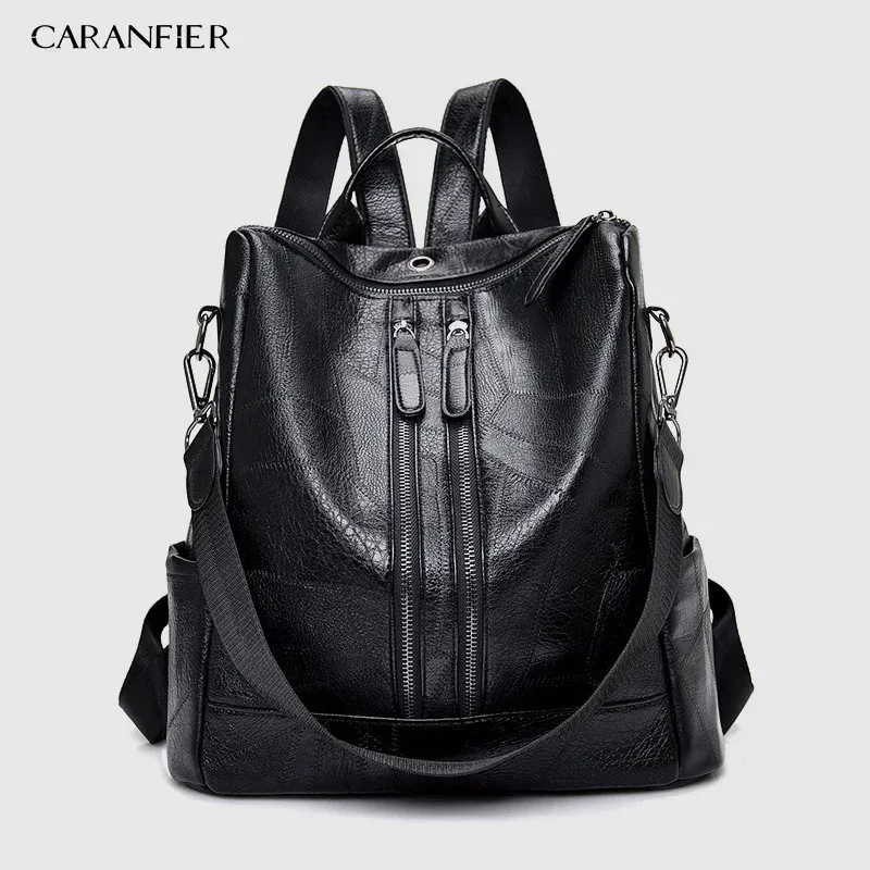 sac dos cuir noir polyester poche intérieure zippée bandoulière arquée fermeture éclair style vintage usage école adolescente