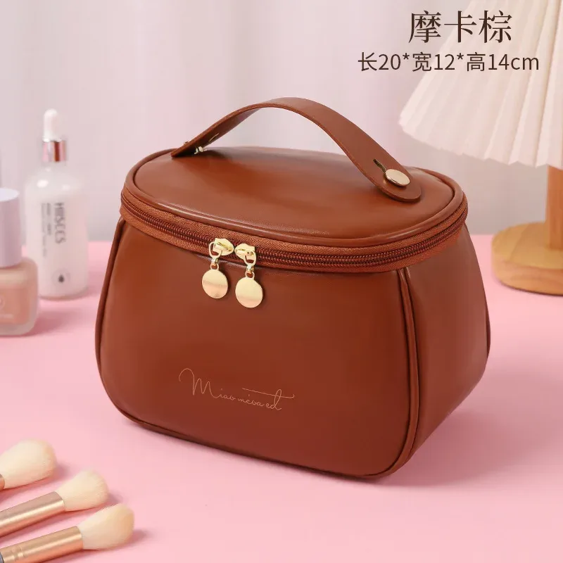 sac de maquillage de voyage de grande capacité, sac organisateur de cosmétiques portable en cuir pu, sac de toilette imperméable avec poignée, sac de rangement pour produits de soin de la peau
