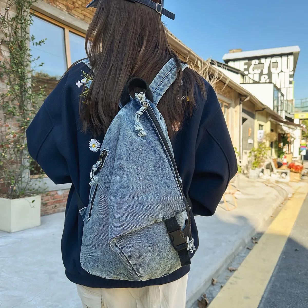 sacs à dos en denim vintage délavé au design irrégulier pour femme, pour les voyages en plein air, décontractés, légers, pour l'école
