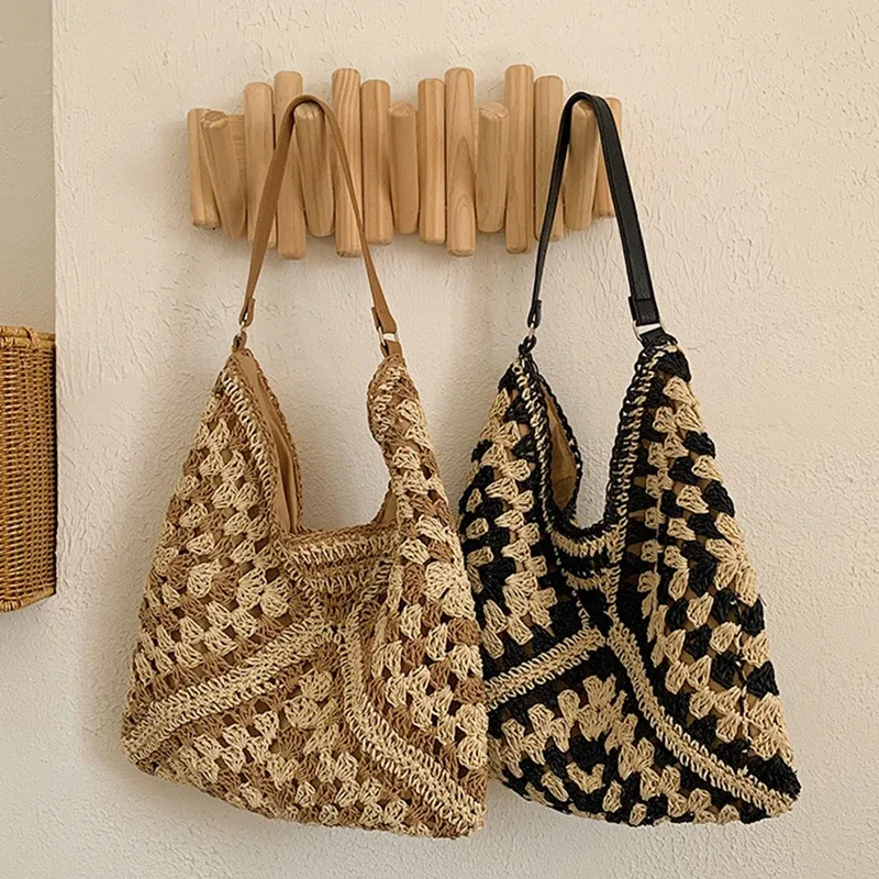 sac à bandoulière en paille tissé pour femmes populaires, sac à main de taille moyenne avec poignée pour les vacances à la plage
