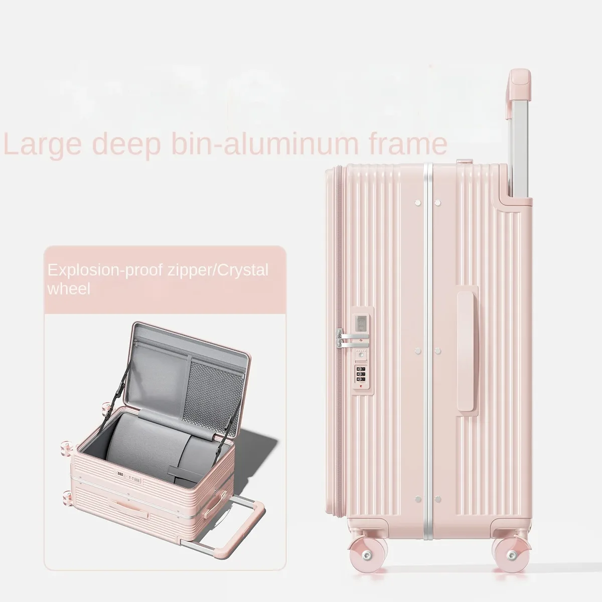 nouvelle valise de voyage 2026 avec cadre en aluminium et poignée large, extensible par fermeture éclair, tailles 20-28 pouces, pour grandes entrepôts (1:9)