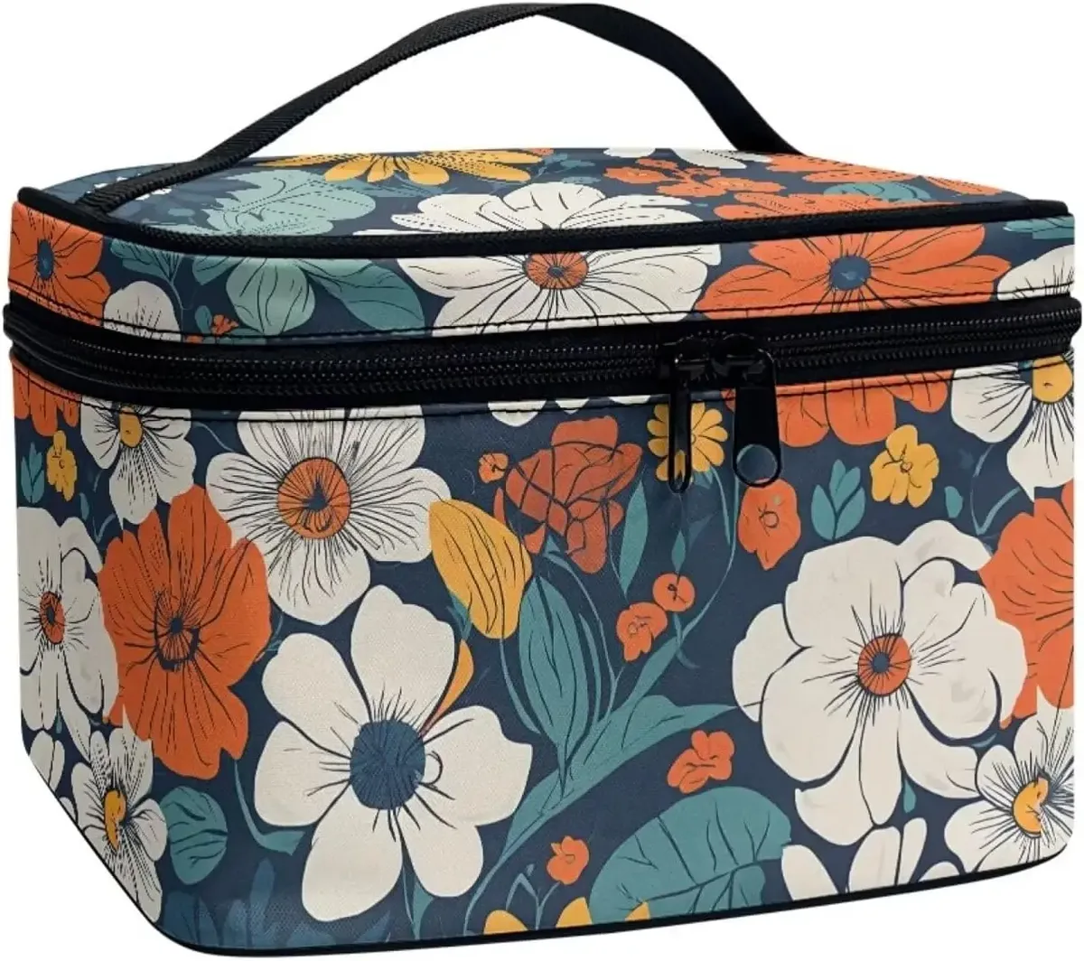 trousse polyester motif floral champignons poignée noire bleu jaune rouge vert voyage maquillage cosmétiques