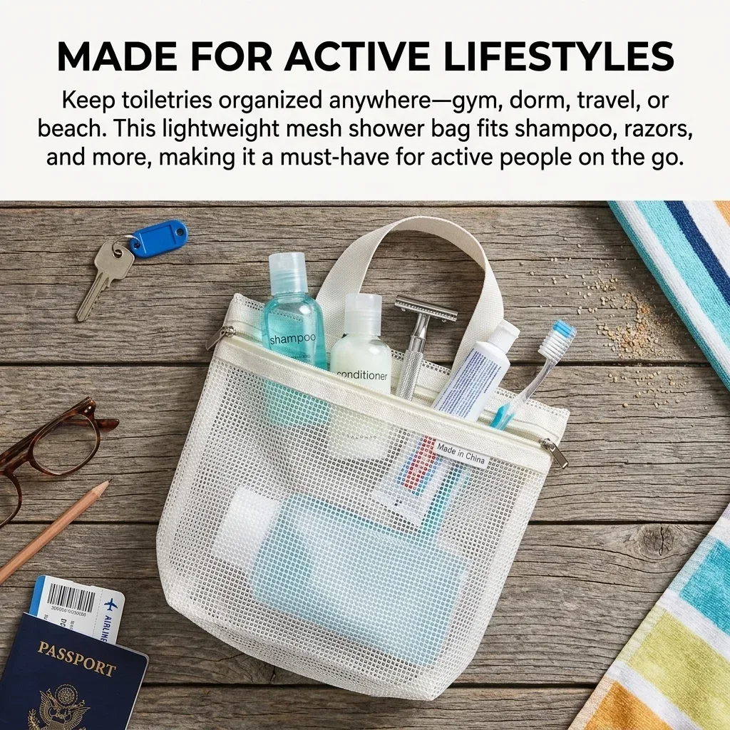 sac de douche portable en maille, sac de rangement ajouré avec fermeture éclair pour lingettes de bain, idéal pour les voyages et la natation
