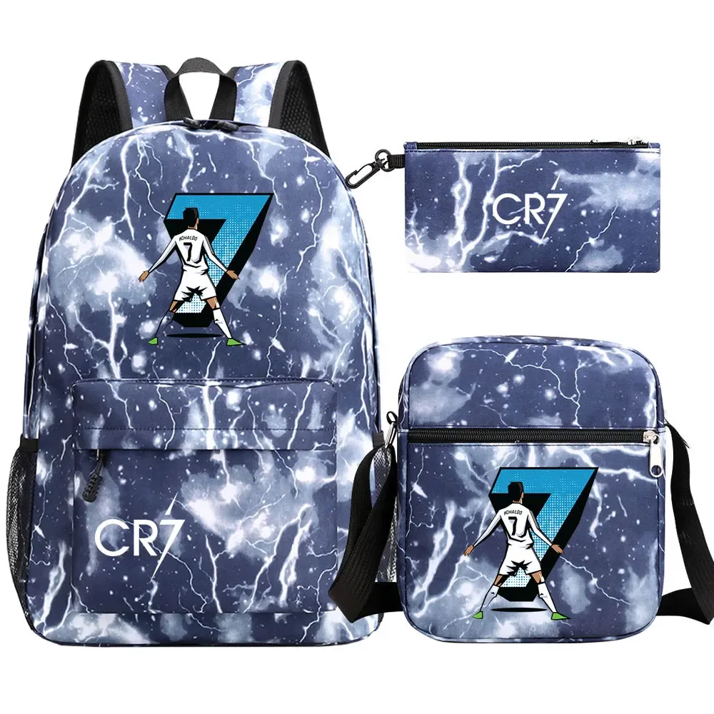 football star cr7 3 pièces garçon fille retour à l'école livre sacs, étudiant sac à bandoulière porte-crayon sac à dos, adolescents mochila hommes femmes