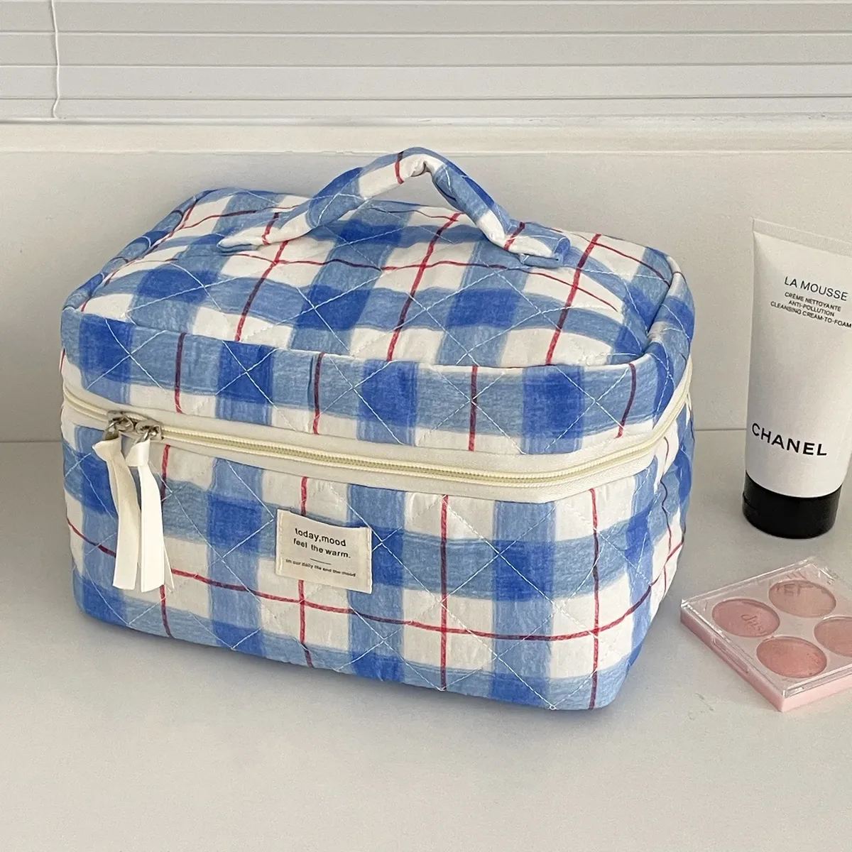 sac à cosmétiques bow flower, sac de toilette de grande capacité, sac de rangement matelassé de style court, sac à main souple portable