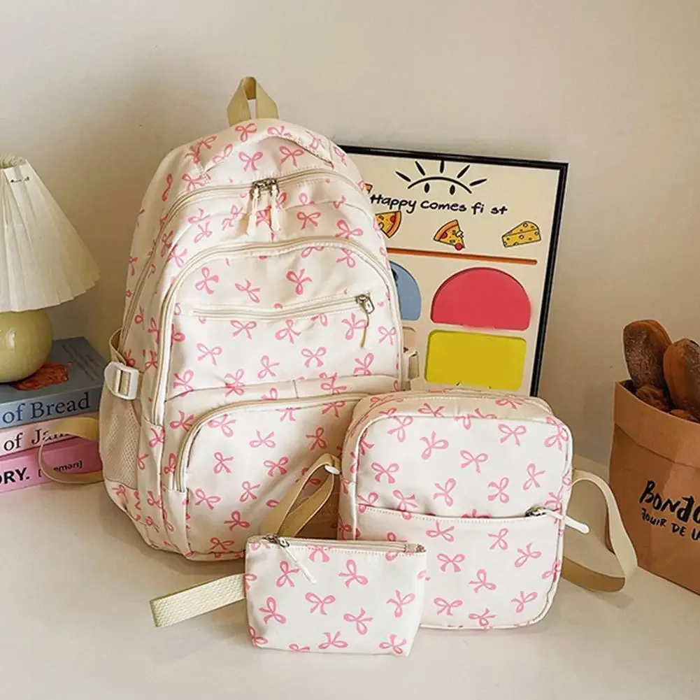 sac dos nylon nœuds roses blanc fonctionnel grande capacité accessoires étudiants femmes voyager quotidien