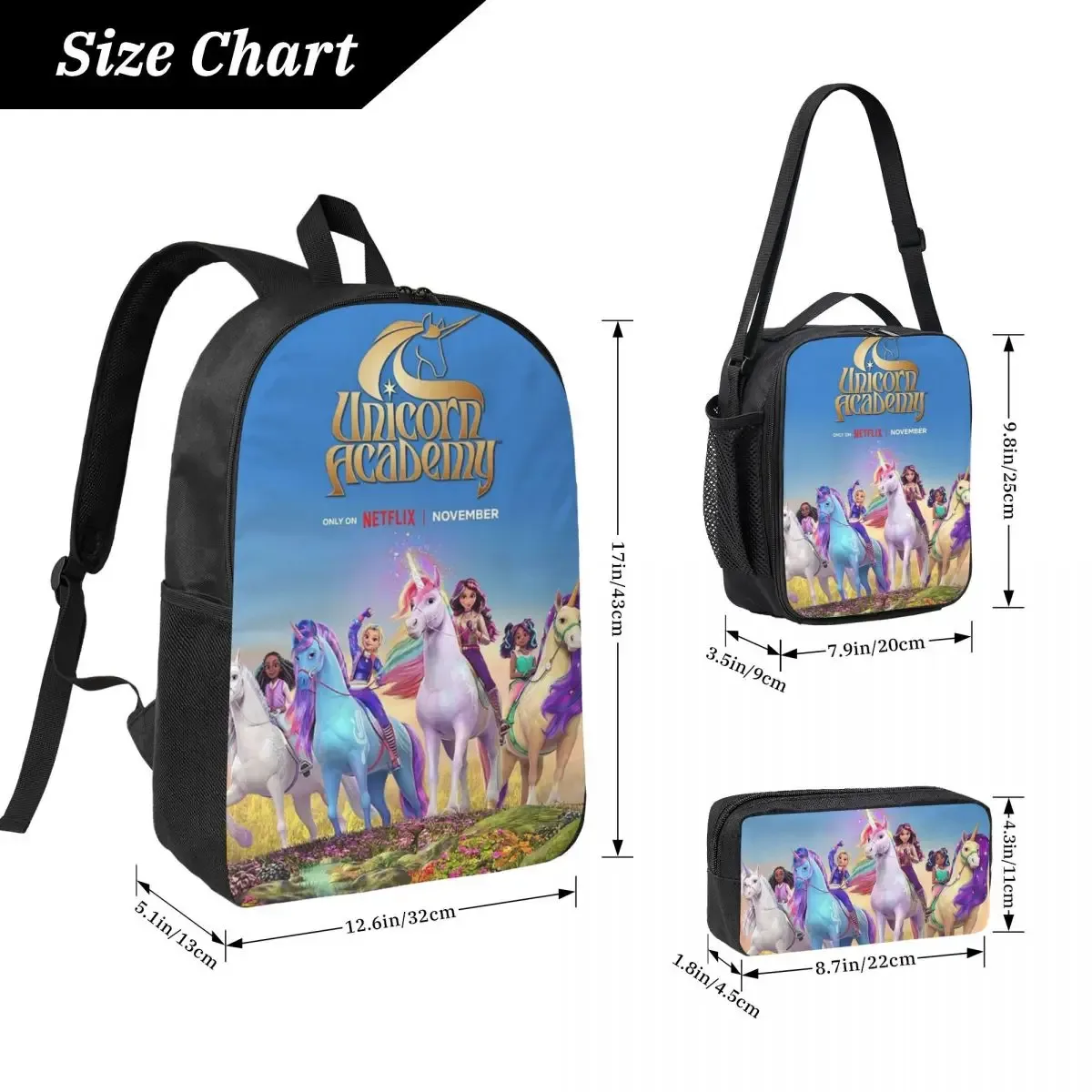 sac à dos unicorn academy pour garçons et filles, sac d'école, sac à bandoulière pour ordinateur, 3 pièces, sac à déjeuner isotherme, trousse à crayons