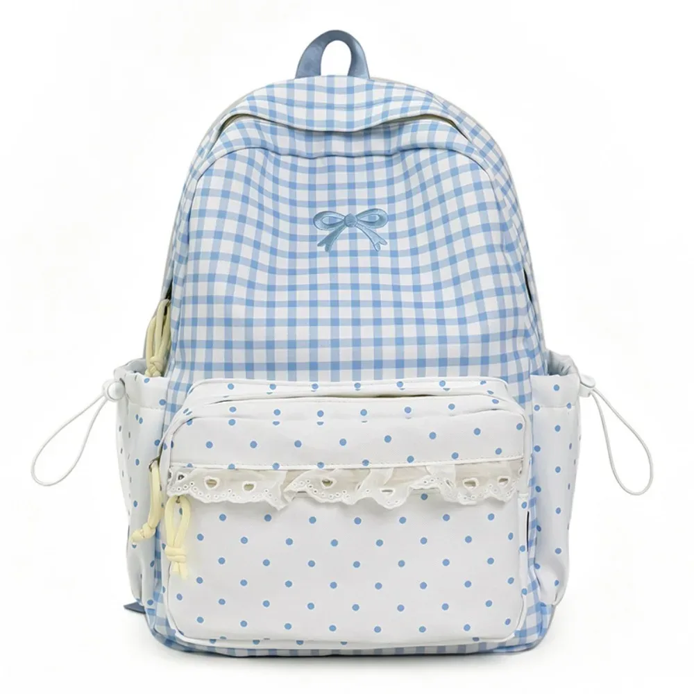 sac à dos mignon à pois avec nœud, design minimaliste, grande capacité, garniture en dentelle, pour les trajets quotidiens