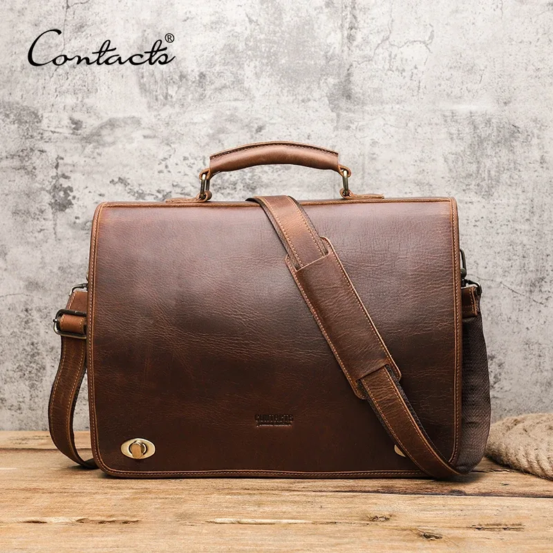 porte documents cuir vraie vache polyester darkbrown loquet sécurité poignées bandoulière compartiments ordinateur portable smartphone cartes voyage
