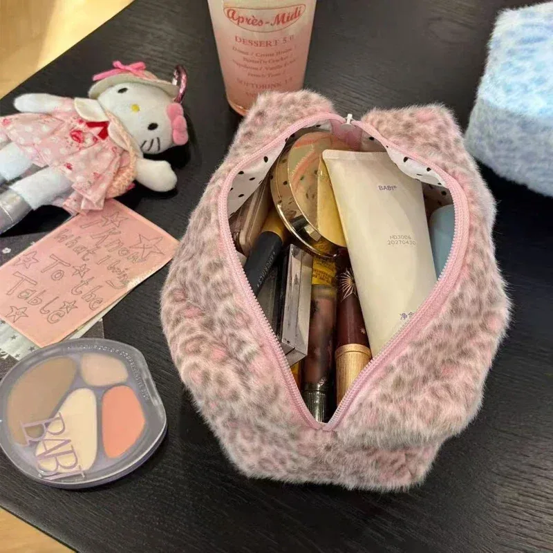 sac de rangement pour maquillage, pochette de rangement pour cosmétiques en peluche moelleuse à imprimé léopard, trousse de toilette pour femme automne/hiver, pochette de soirée
