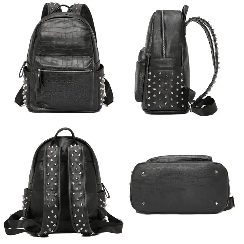 sac à dos pour homme tendance avec rivets, grande capacité, motif crocodile, sac à dos pour ordinateur portable 15,6 pouces, sac de voyage décontracté, sac à dos en cuir pu noir