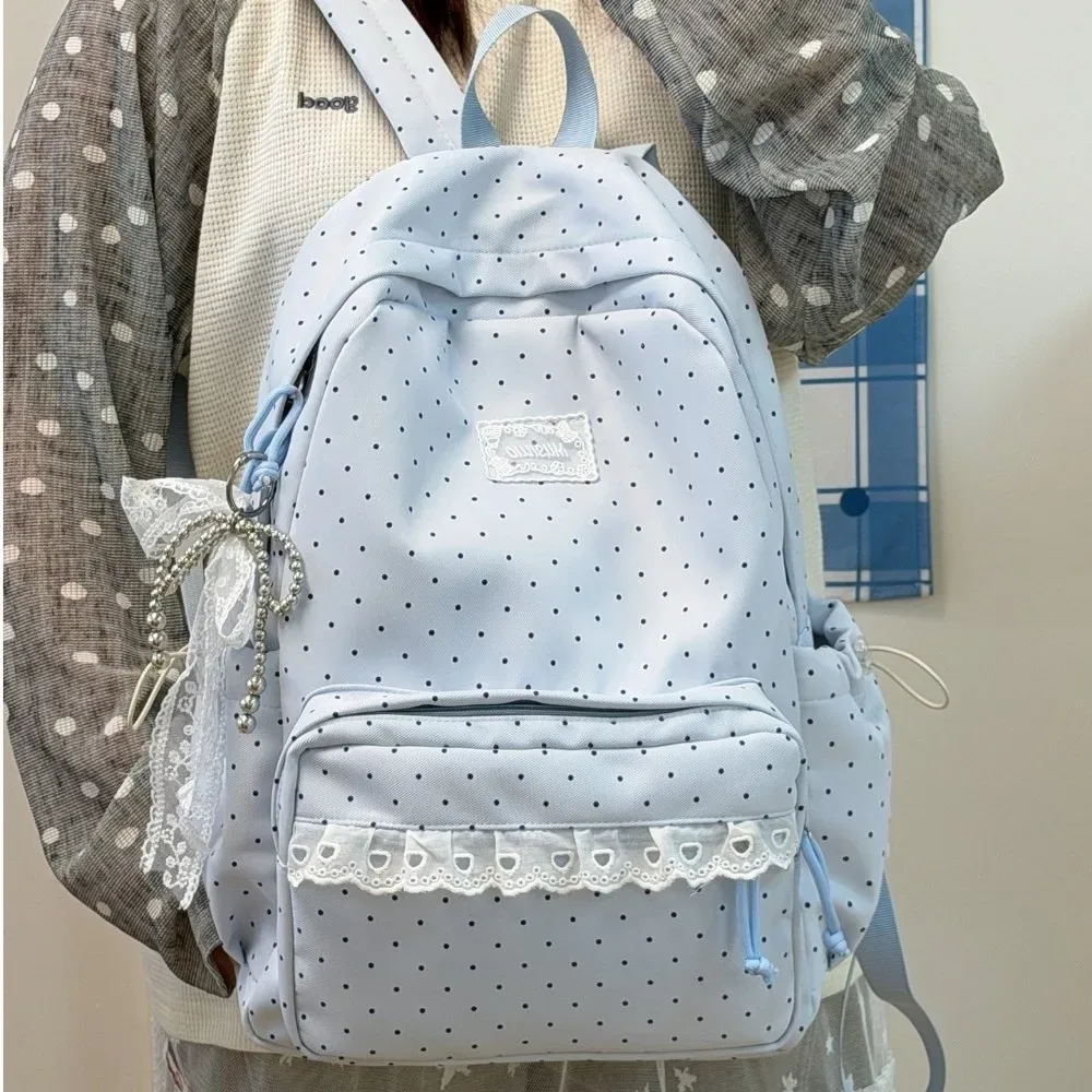sac à dos de voyage mignon à pois, grande capacité, en nylon, pour étudiants, avec dentelle, multi-poches, sac à dos pour ordinateur portable