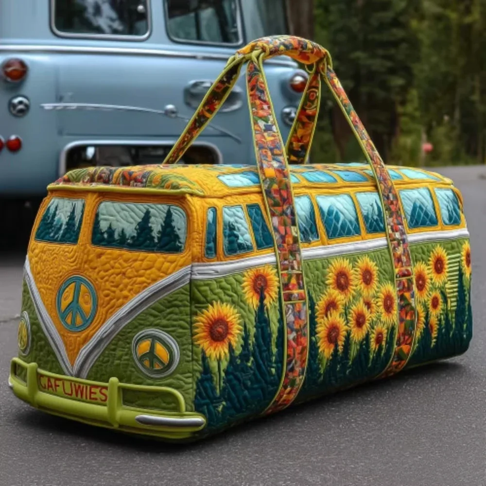 sac de voyage matelassé 3d tendance, motif bus, grande capacité, sac à main rétro bohème, sac de sport robuste pour les sorties quotidiennes