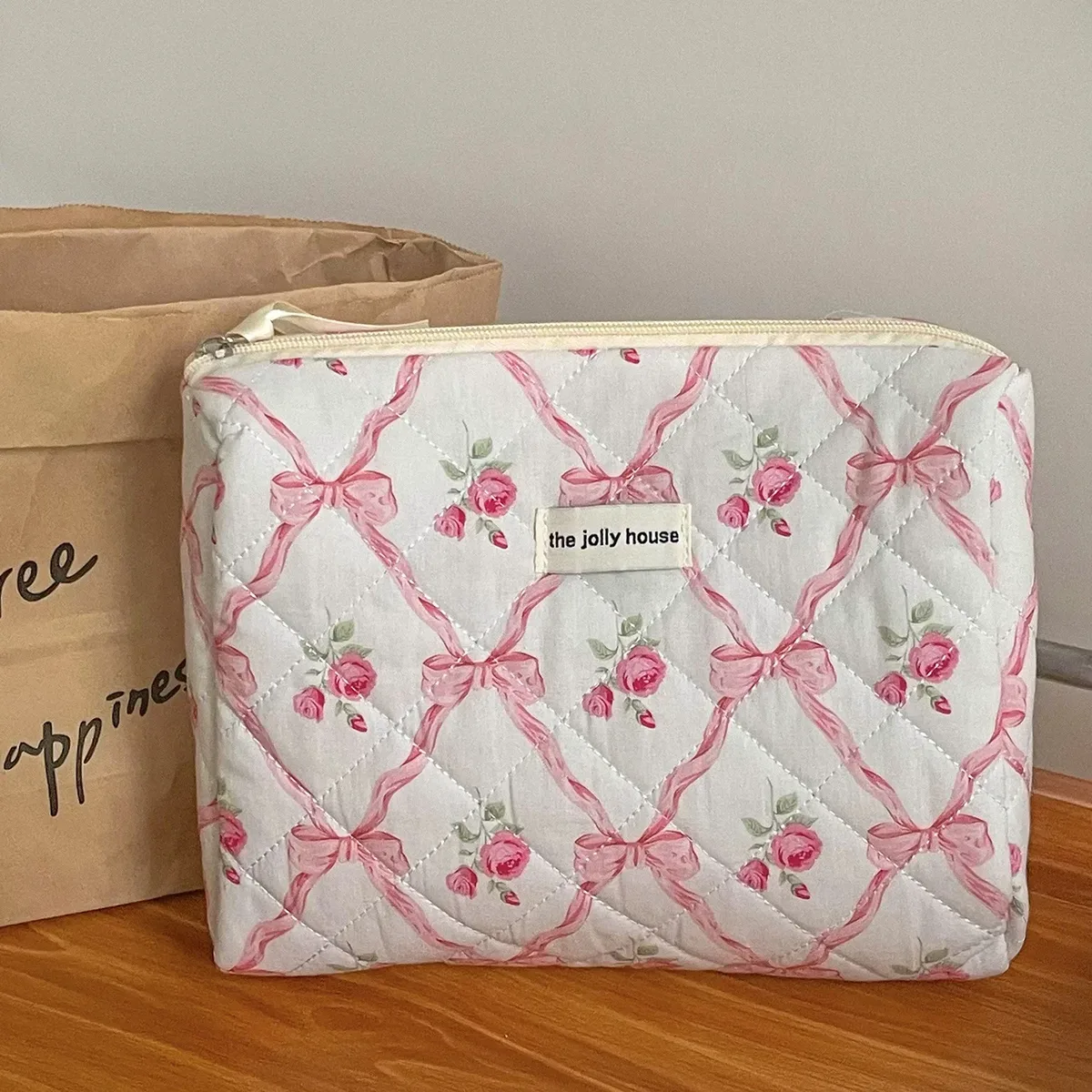 trousse de toilette portable avec fermeture éclair pour femme, trousse de maquillage, sac à main, courtepointe, coton, mignon, nœud, fleur, femme, évaluation, gril, cosmétique, filles