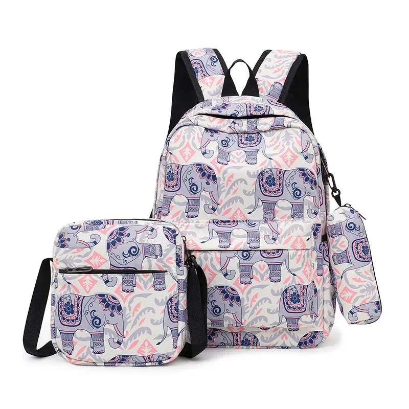 sac dos nylon noir motif géométrique bleu blanc poches lateral zipper usage école voyage