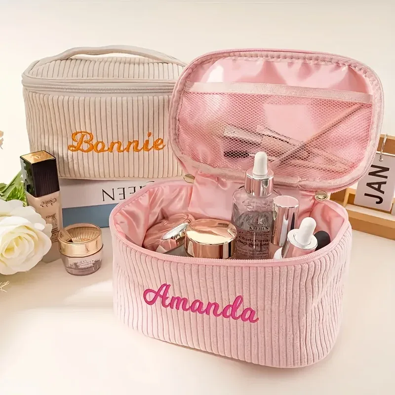 trousse de maquillage en velours côtelé, grande capacité, trousse de toilette de voyage, broderie personnalisée avec nom, sac de toilette pour femmes, organisateur portable