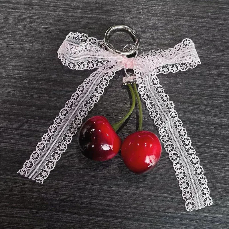 mode perle cerise dentelle nœud papillon sac pendentif à breloque porte-clés cerise voiture porte-clés sac à dos décoration bijoux cadeau pour femmes