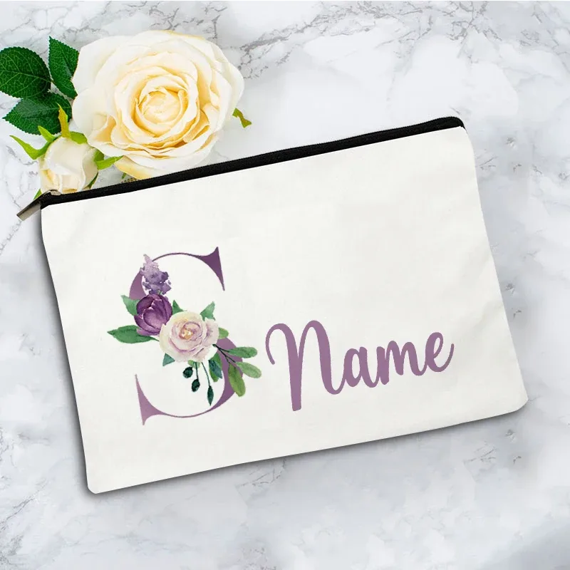 pochette de maquillage personnalisée violette à 26 motifs floraux, sac de toilette pour articles de voyage, cadeau de mariage ou d'anniversaire avec nom personnalisé